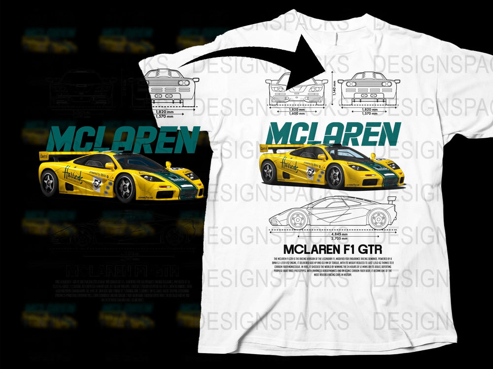 McLaren F1 Racing Car Graphic T-Shirt, Yellow Sportscar Print, Casual Motorsport Tee, Unisex Car Enthusiast Gift