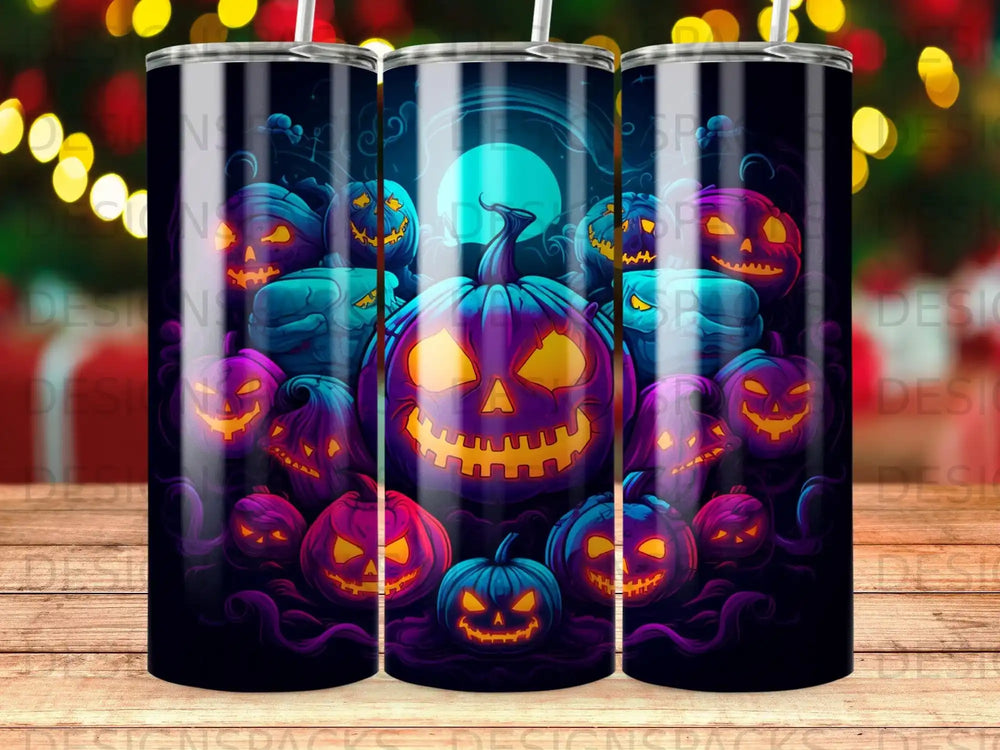 Jack-o'-lanterns of various sizes illuminated by purple and blue light against a dark, starry background.