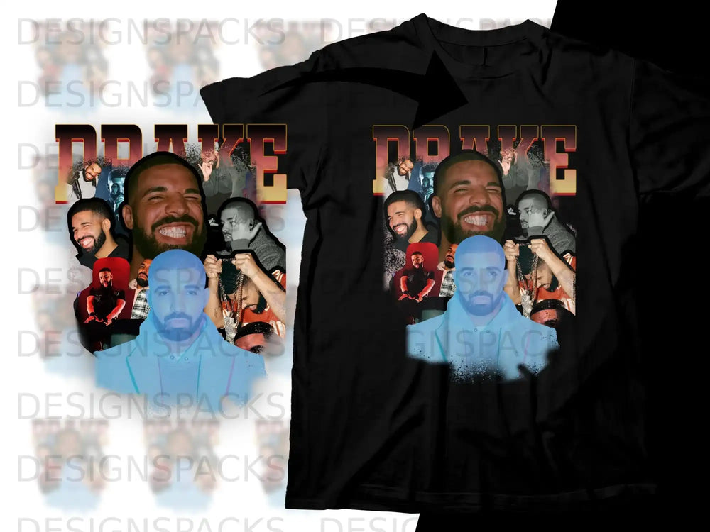 Drake collage graphic on a black t-shirt.