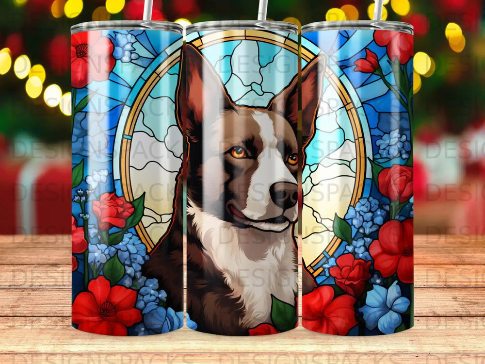 Border collie in stained glass window with red and blue flowers.