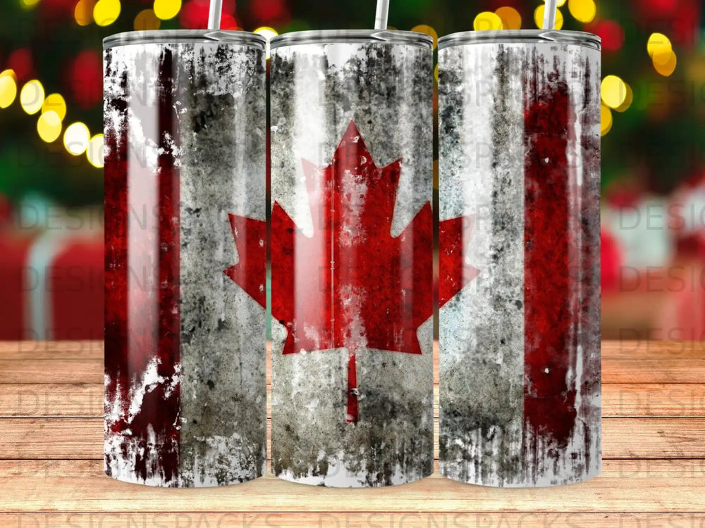 Distressed Canadian flag design on a tumbler.
