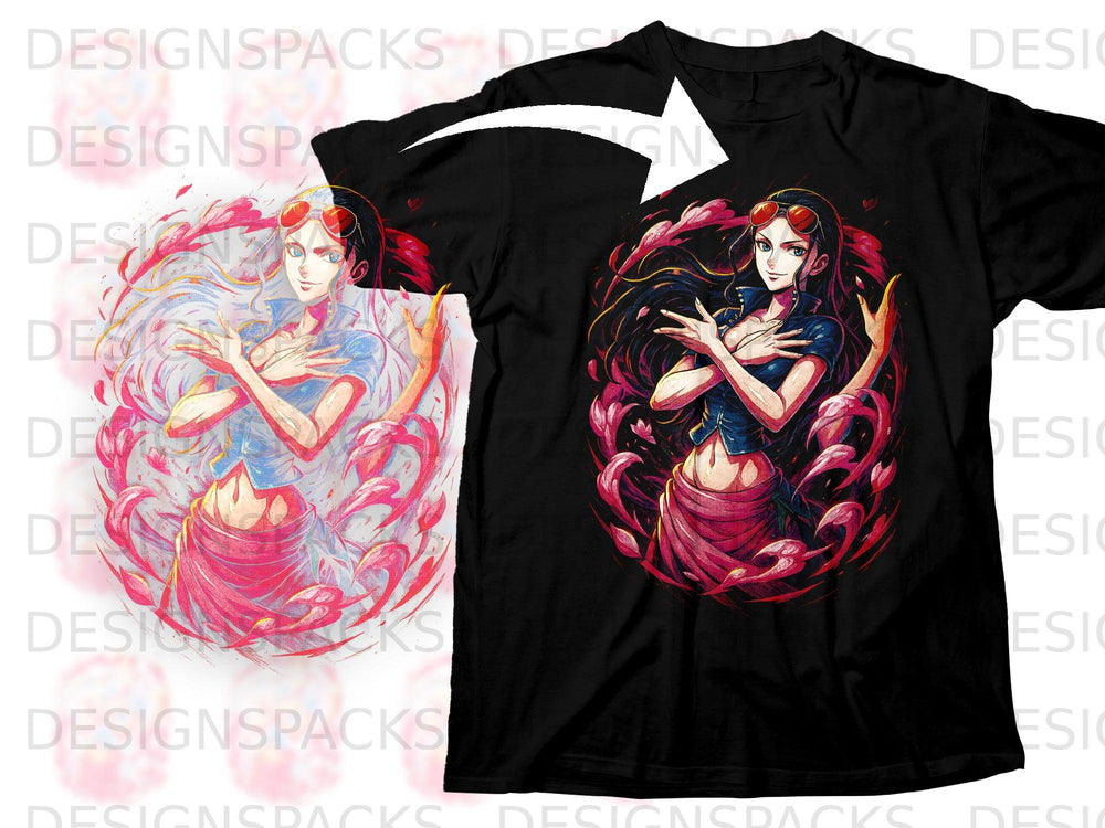 Black t-shirt with an anime-style woman in red glasses and pink skirt.