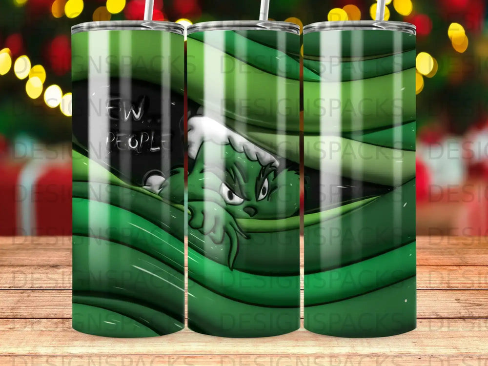 Grinch peeking out from a green background with "NEW PEOPLE" text.