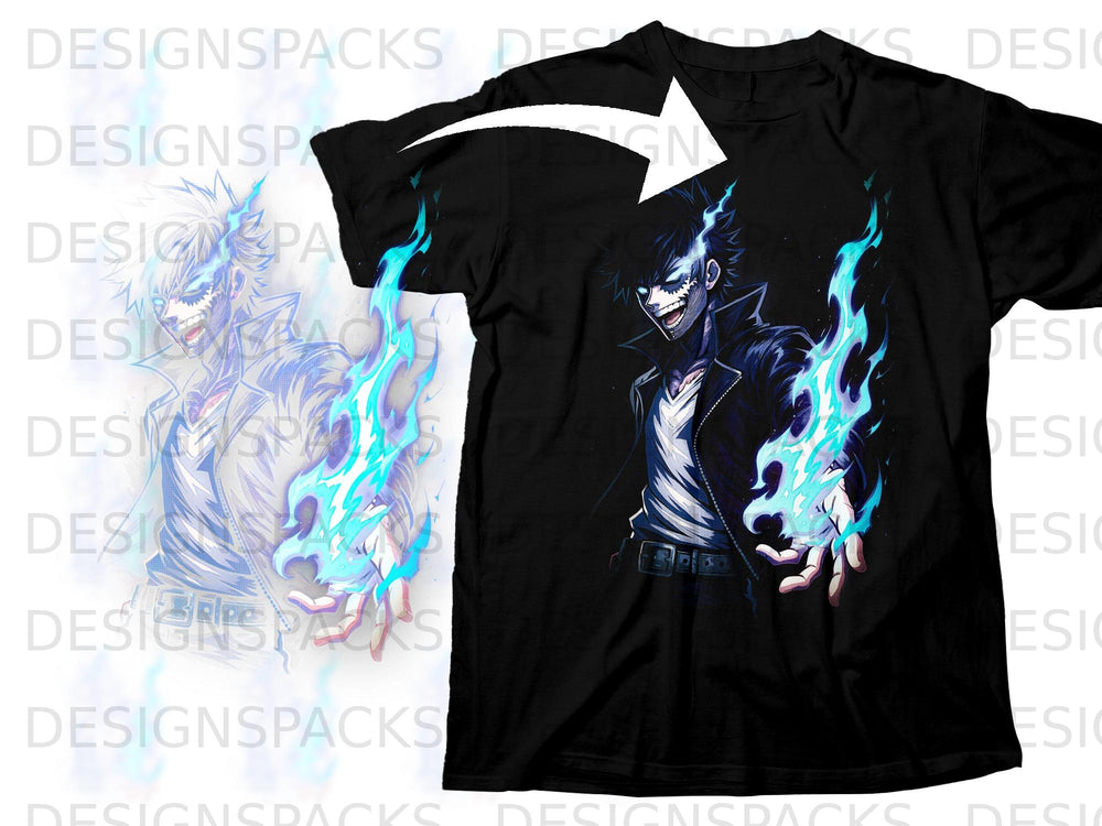 Black t-shirt with anime character Dabi and blue flames graphic.