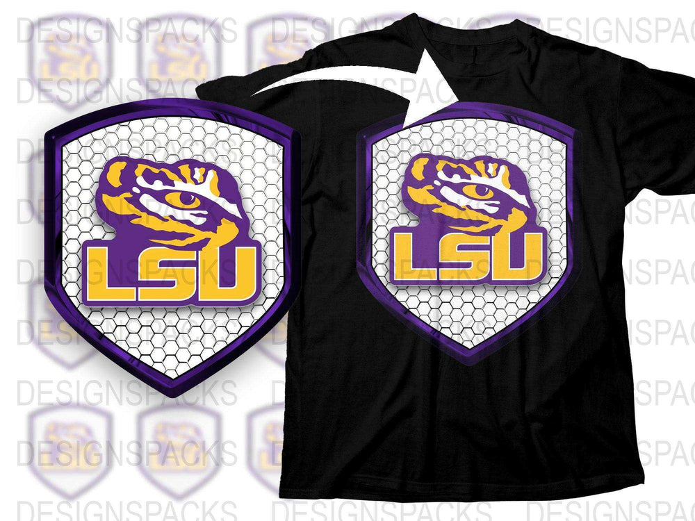 LSU Tigers Black T-Shirt, Collegiate Logo, Purple and Gold, Sports Fan Apparel, Honeycomb Pattern, Unisex Sizes