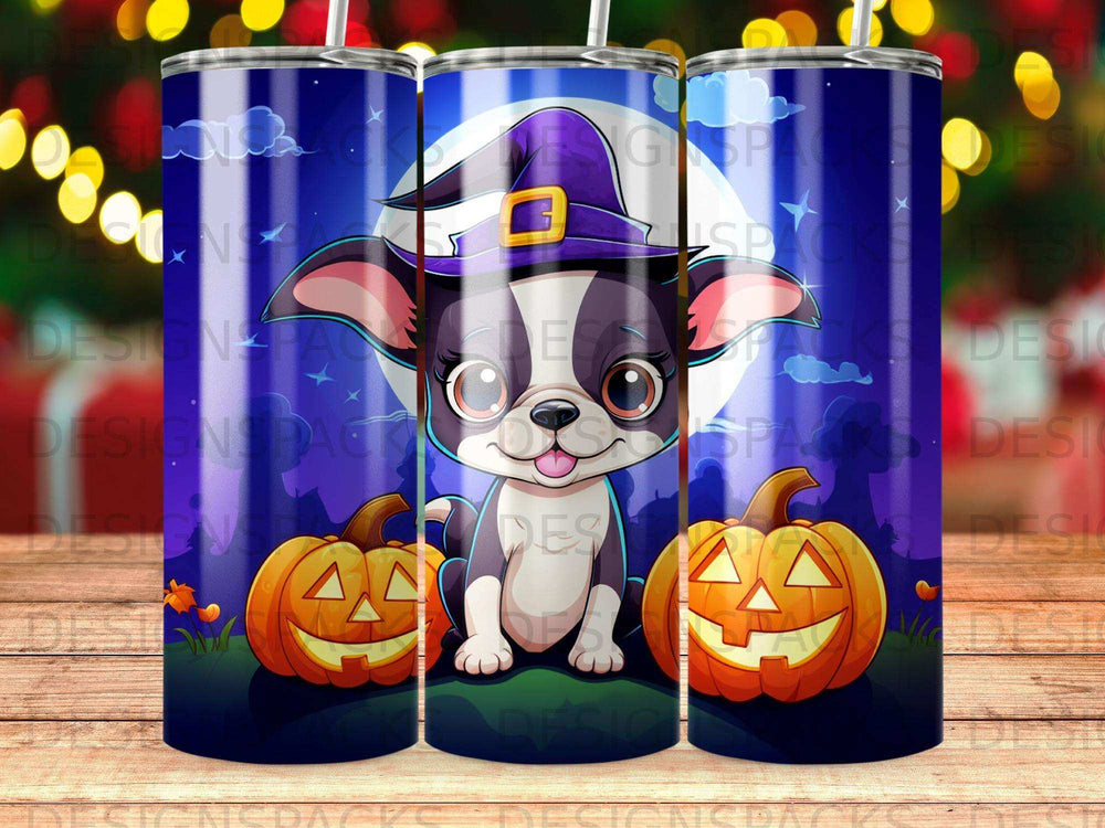 Chihuahua in witch hat with pumpkins and starry sky background.