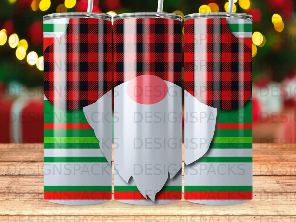 Red and black buffalo plaid gnome tumbler with white beard.