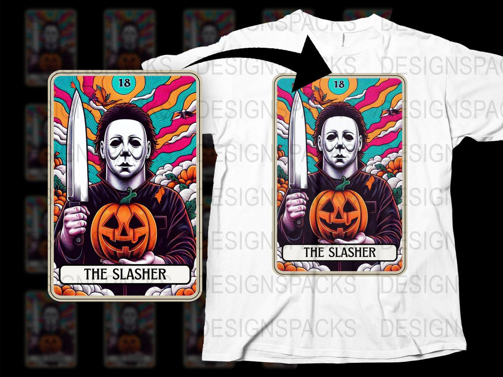 Halloween Tarot Card T-Shirt, The Slasher Pumpkin Design, Horror Movie Inspired Tee, Colorful Unisex Graphic Shirt
