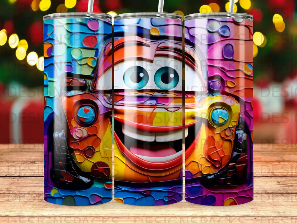 Colorful cartoon car with wide eyes and a big smile, set against a bokeh background.