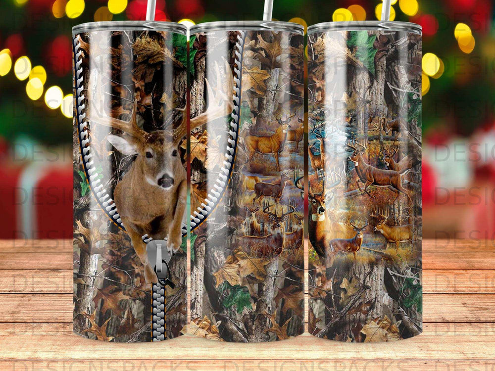 Deer and camouflage pattern on a tumbler with a zipper graphic.