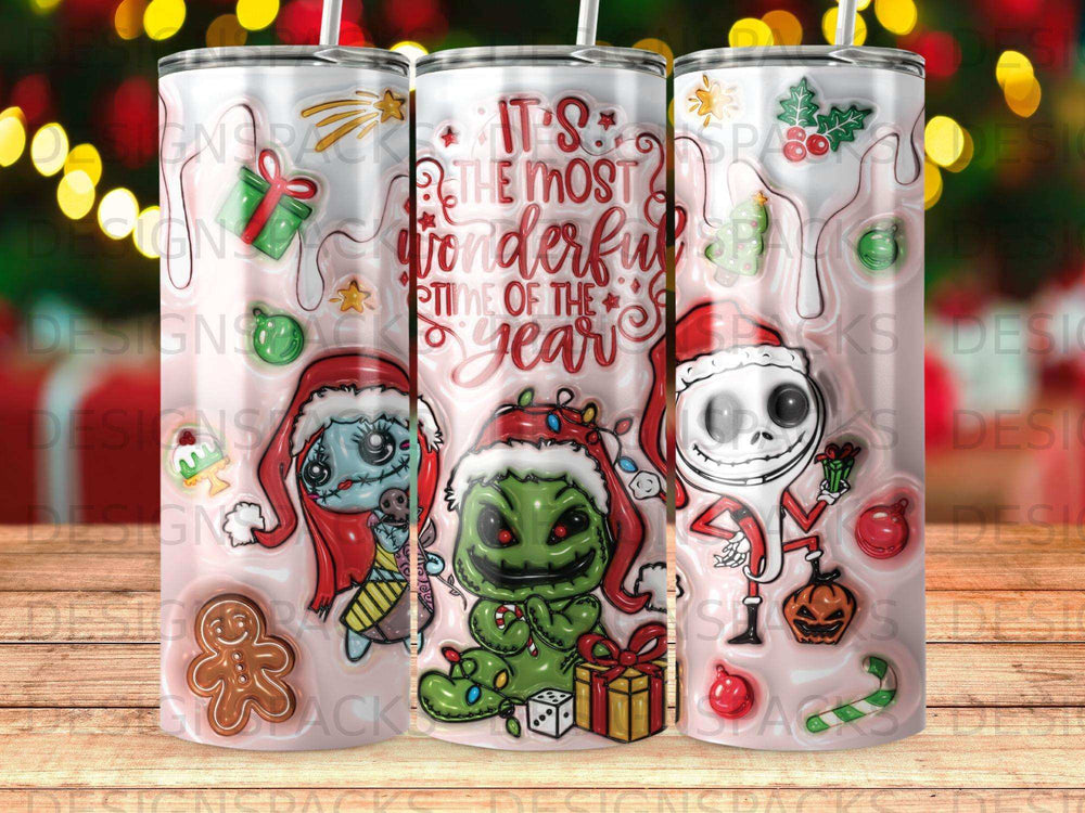Christmas-themed tumbler with Jack Skellington, Sally, and Oogie Boogie characters.