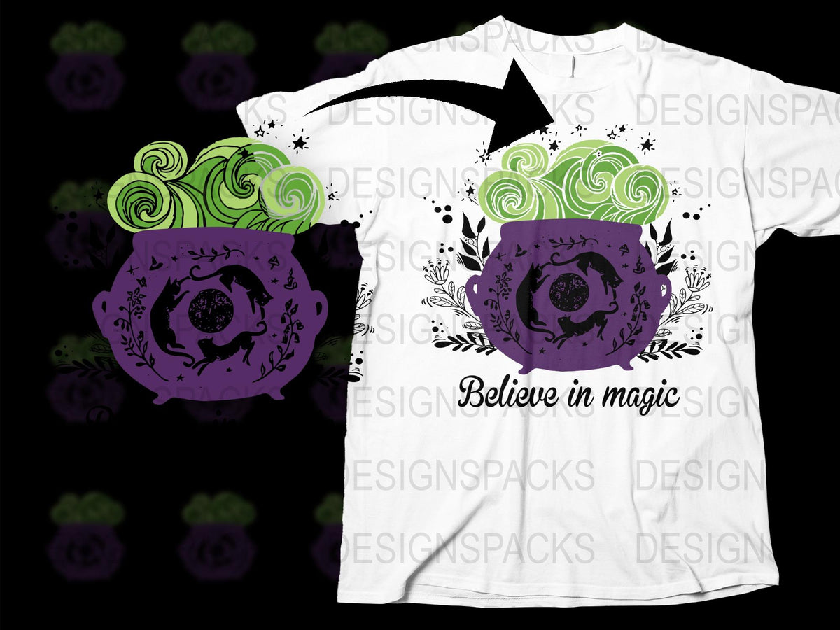 Believe in Magic Witch Cauldron T-Shirt, Purple Graphic Tee, Halloween Spooky Shirt, Witchy Clothing, Fantasy Fashion Top