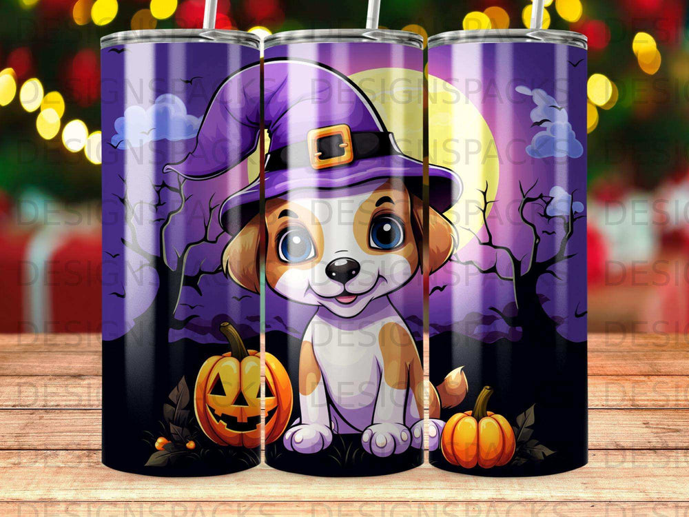 Cute cartoon dog in a witch hat with pumpkins and spooky trees.