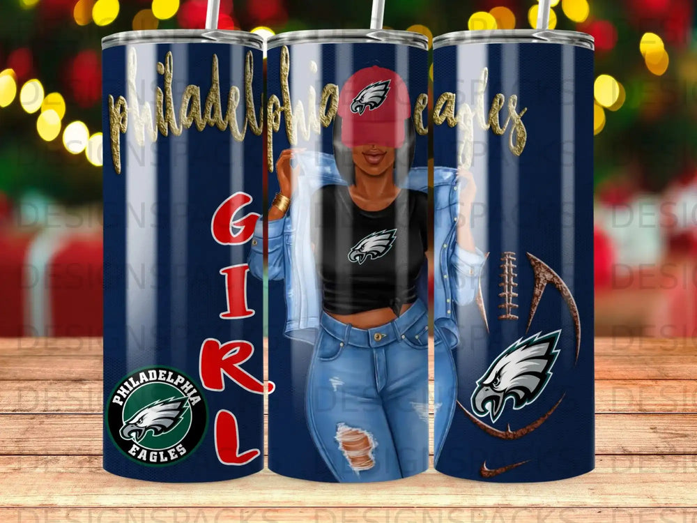Philadelphia Eagles themed tumbler with football graphics and a woman wearing Eagles apparel.