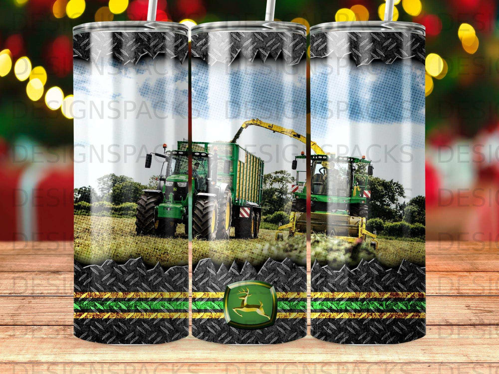 Green tractor and combine harvester in a field, John Deere logo.