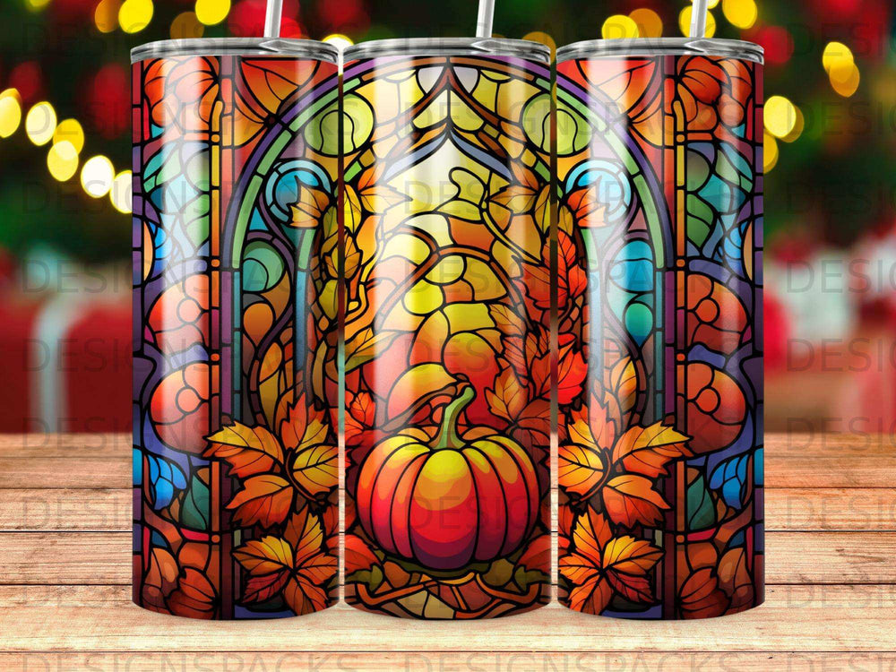 Stained glass tumbler design with pumpkin and autumn leaves.