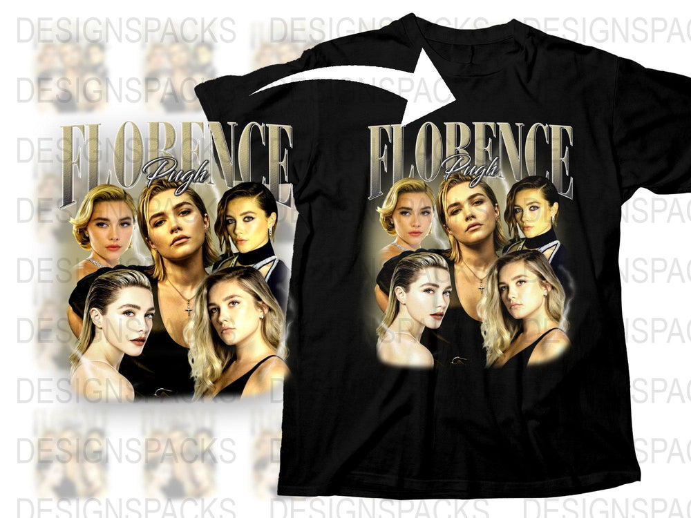 Florence Pugh Fan T-Shirt, Multiple Poses Graphic Tee, Celebrity Inspired Fashion, Trendy Black Top