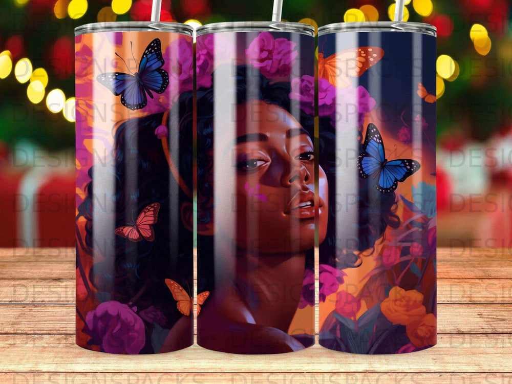 Woman with butterflies and flowers on a patterned tumbler.