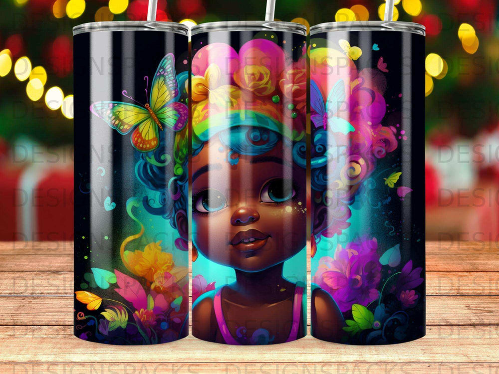 Cartoon girl with colorful hair and butterflies, surrounded by flowers.