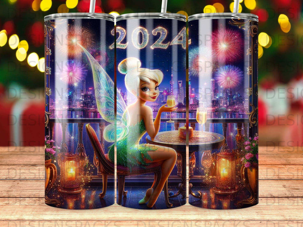 Tinkerbell toasts at a table with fireworks and city lights.