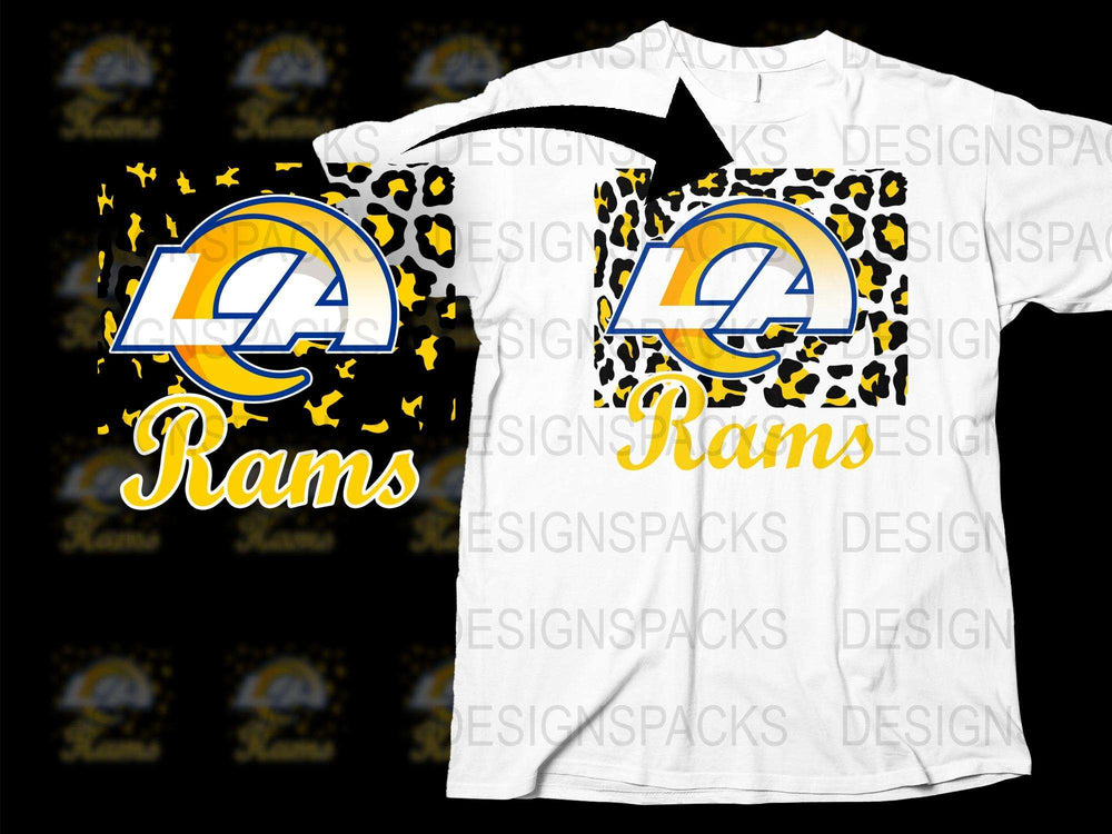 Los Angeles Rams T-Shirt with Leopard Print, NFL Team Logo, Yellow and Black, Unisex Sports Apparel