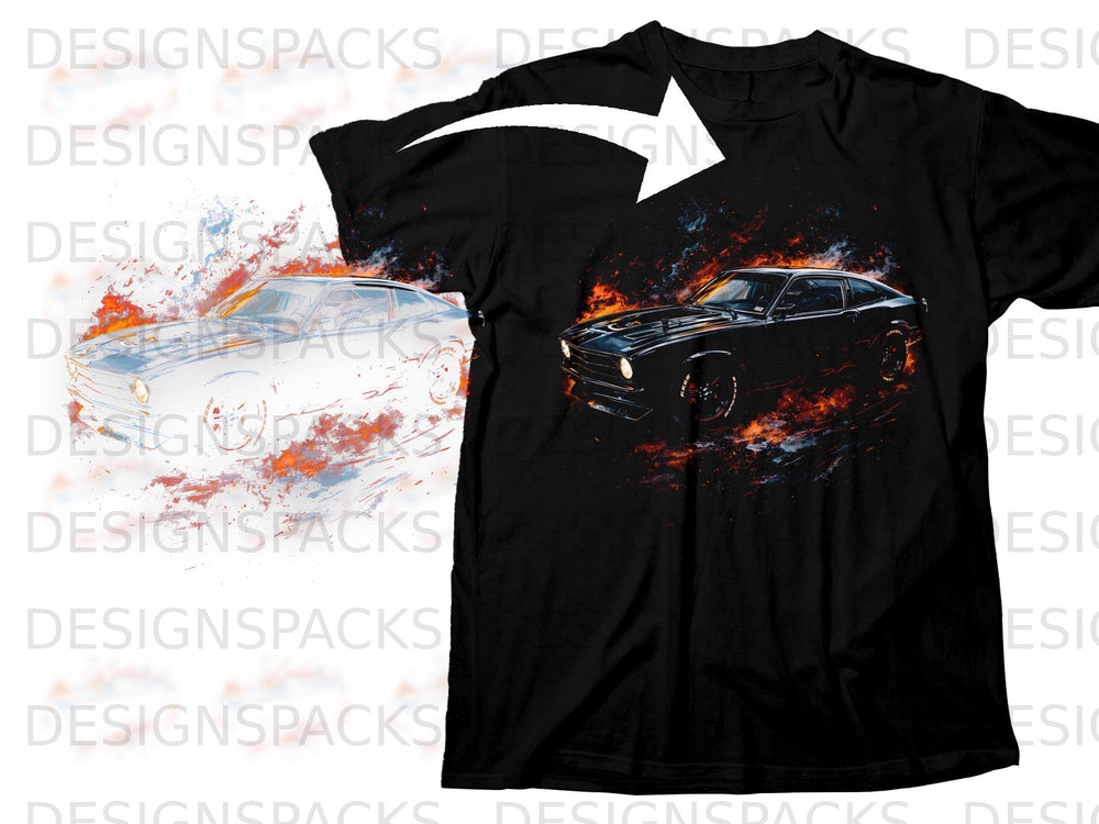 Black t-shirt with a fiery graphic of a vintage black car with white outlines.