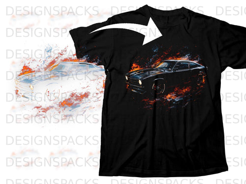 Black t-shirt with a fiery graphic of a vintage black car with white outlines.