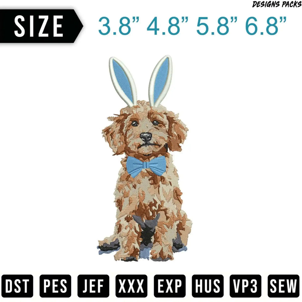 Dog wearing bunny ears and bowtie, available in multiple sizes.
