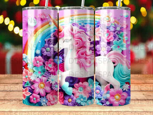 Unicorn with rainbow, surrounded by colorful flowers, on a purple background.