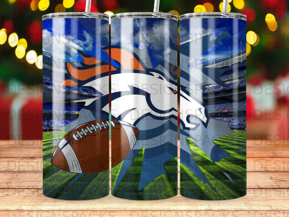 Denver Broncos football helmet and American football with stadium background.