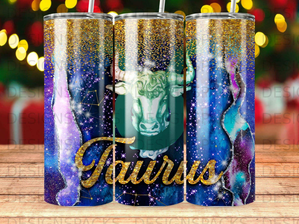 Taurus constellation tumbler with bull graphic and sparkly cosmic background.