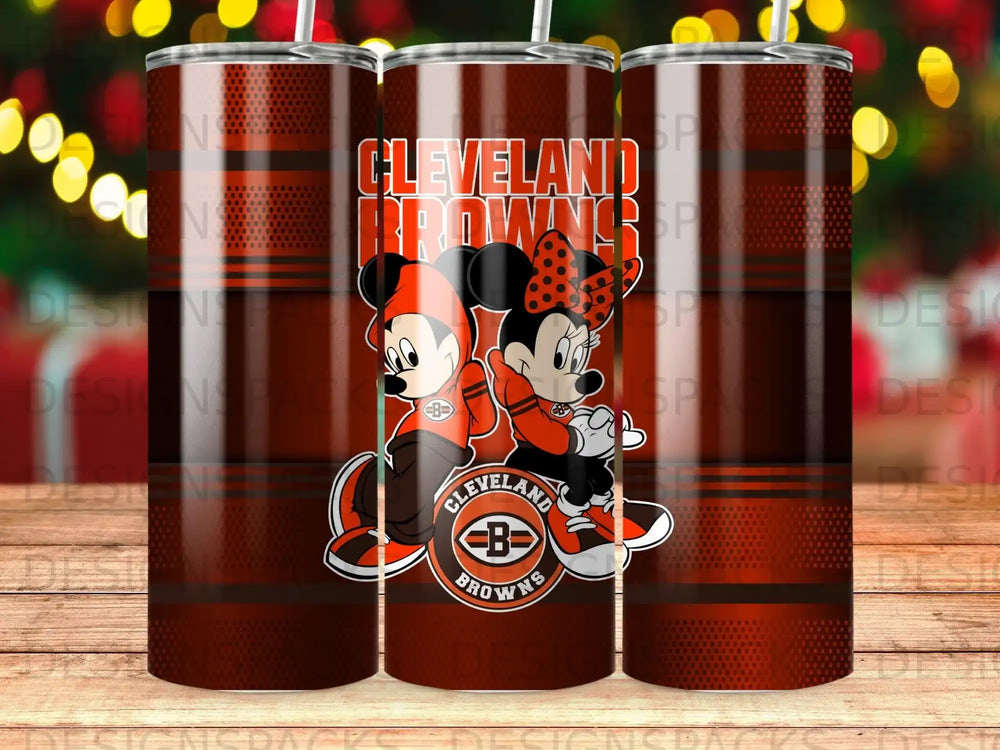 Mickey and Minnie Mouse in Cleveland Browns gear on a brown striped tumbler.