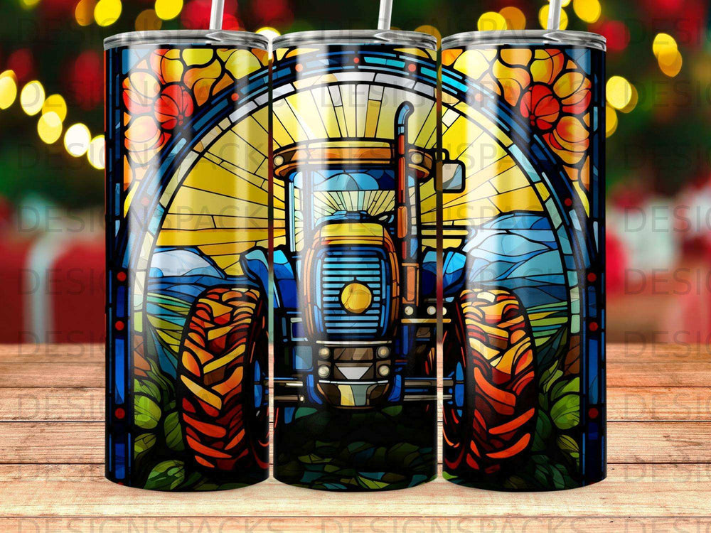 Stained glass style tractor design on a tumbler.