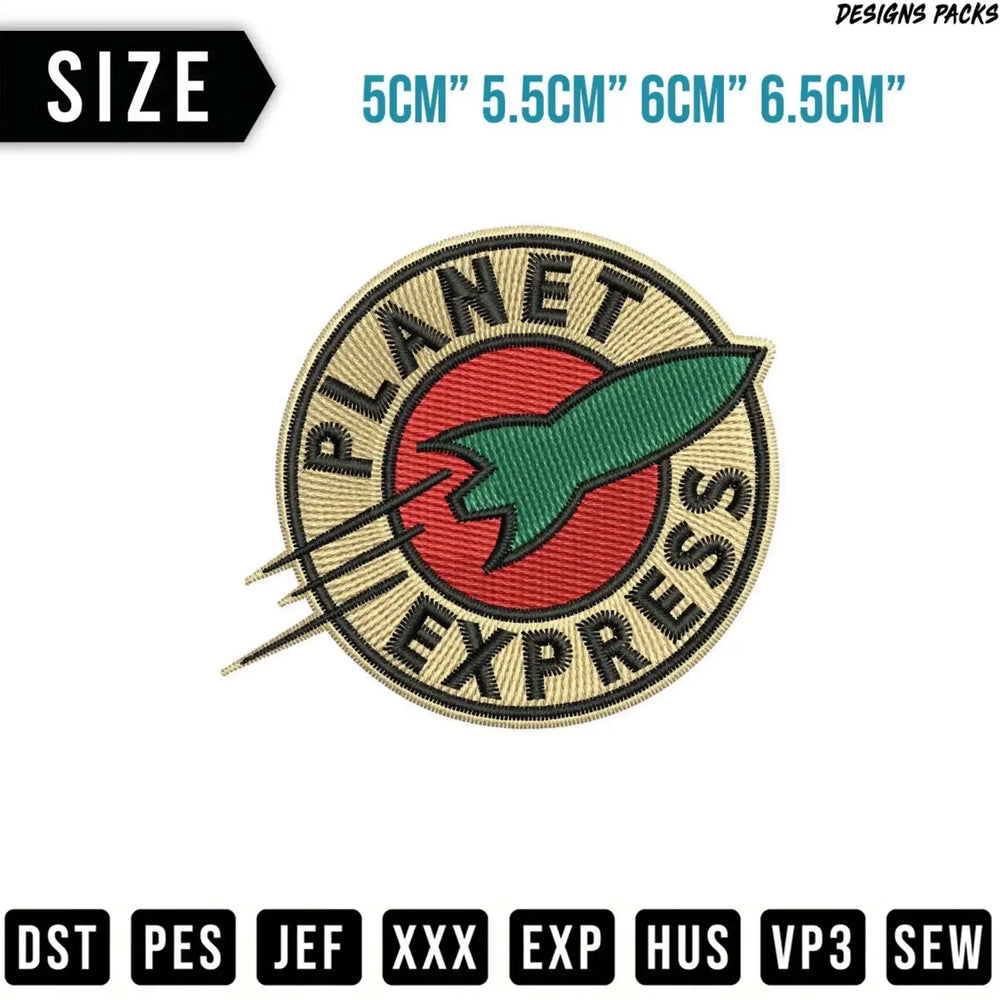 Planet Express logo patch with size options and file formats.