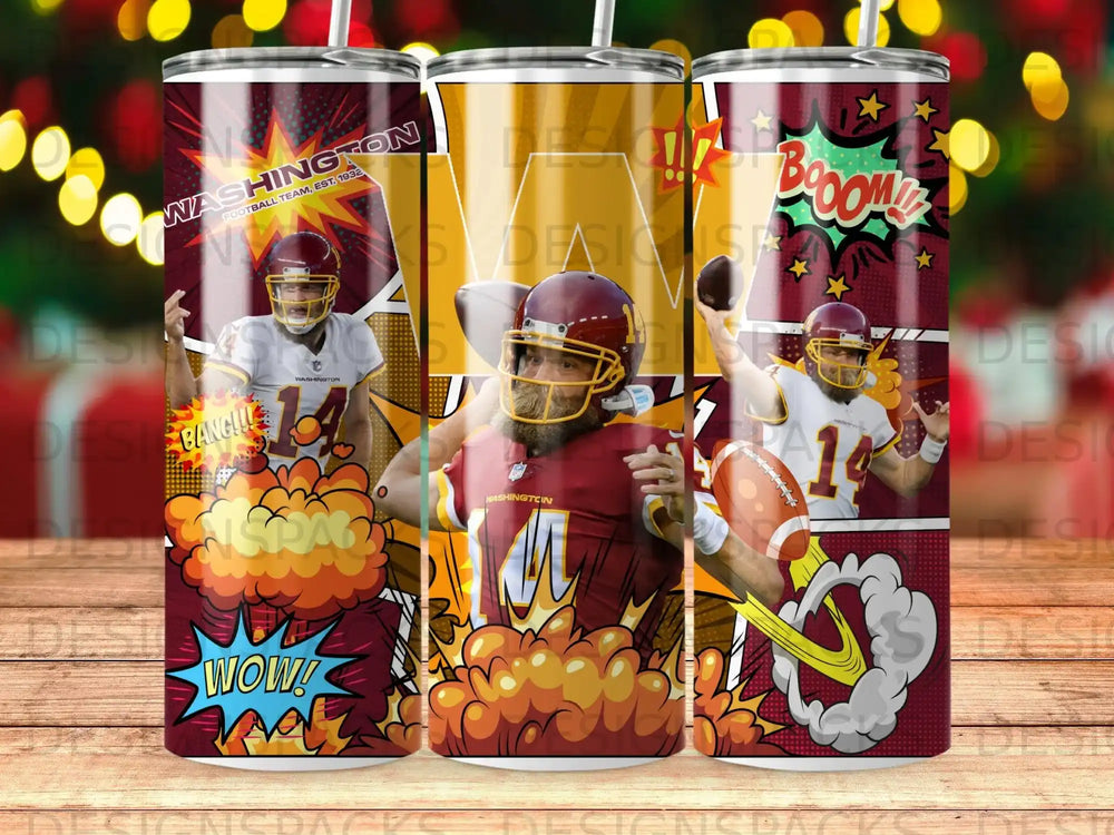 Washington Football Team player in uniform with "Wow!" and "Boom!" comic book style graphics.