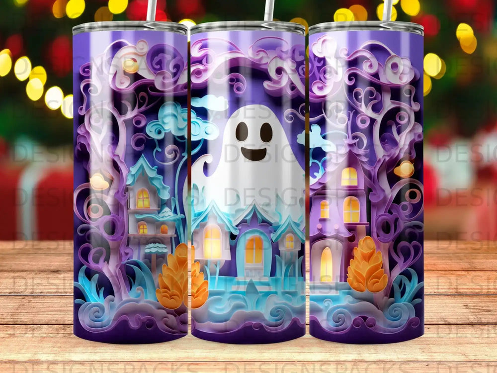 Three purple tumblers with a spooky Halloween scene featuring a ghost and haunted houses.
