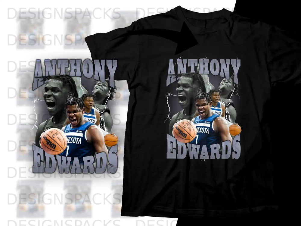 Black t-shirt featuring Anthony Edwards basketball player graphic with text.