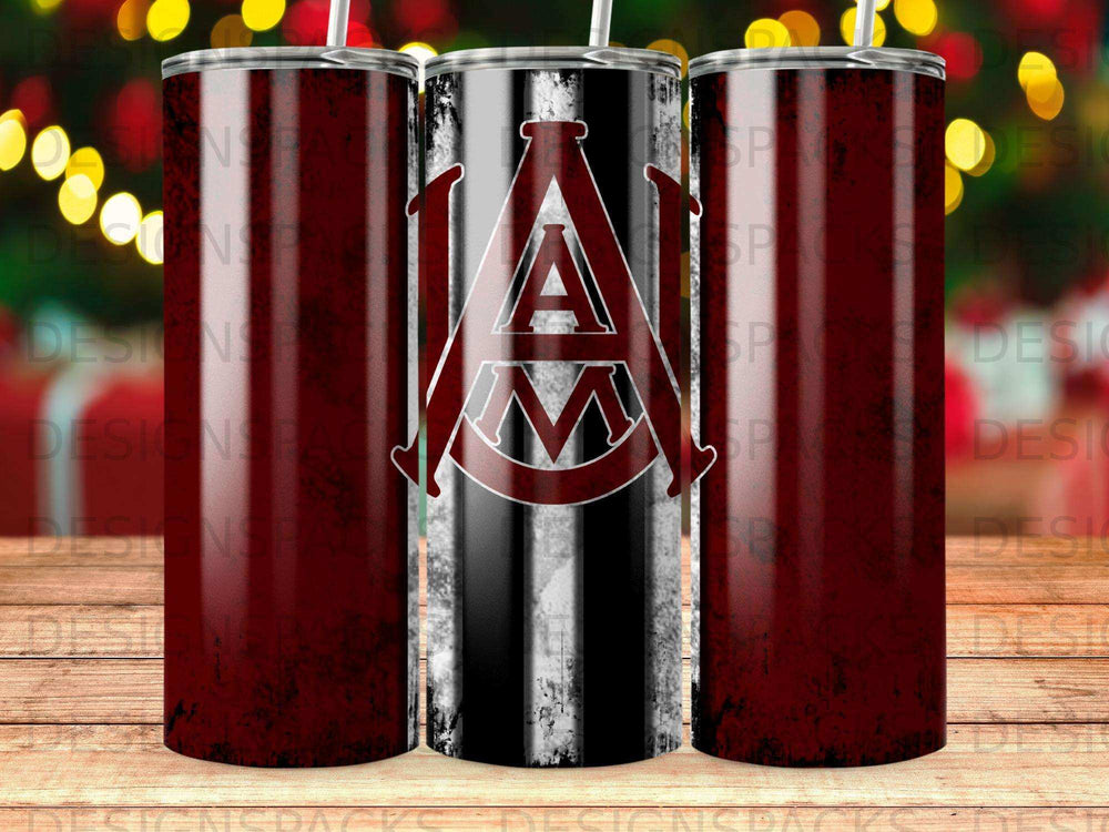 Three tumblers featuring a dark red and black striped design with a white and red "A&M" logo.