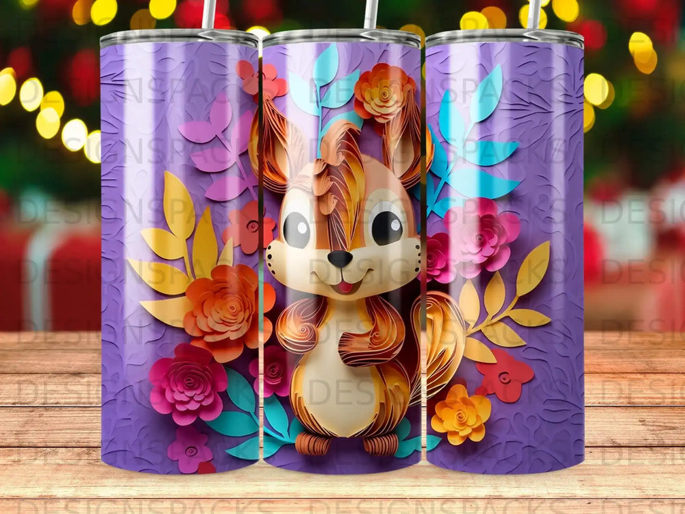 Squirrel with flowers and leaves on a purple background.