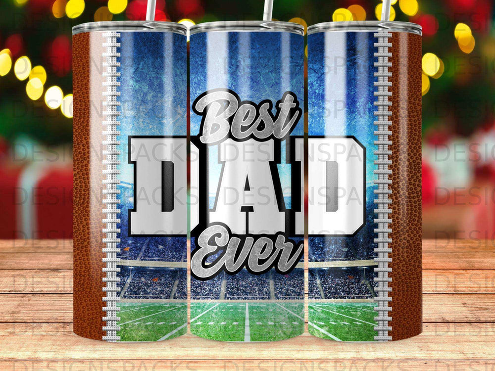 Tumbler with "Best Dad Ever" text and football stadium design.