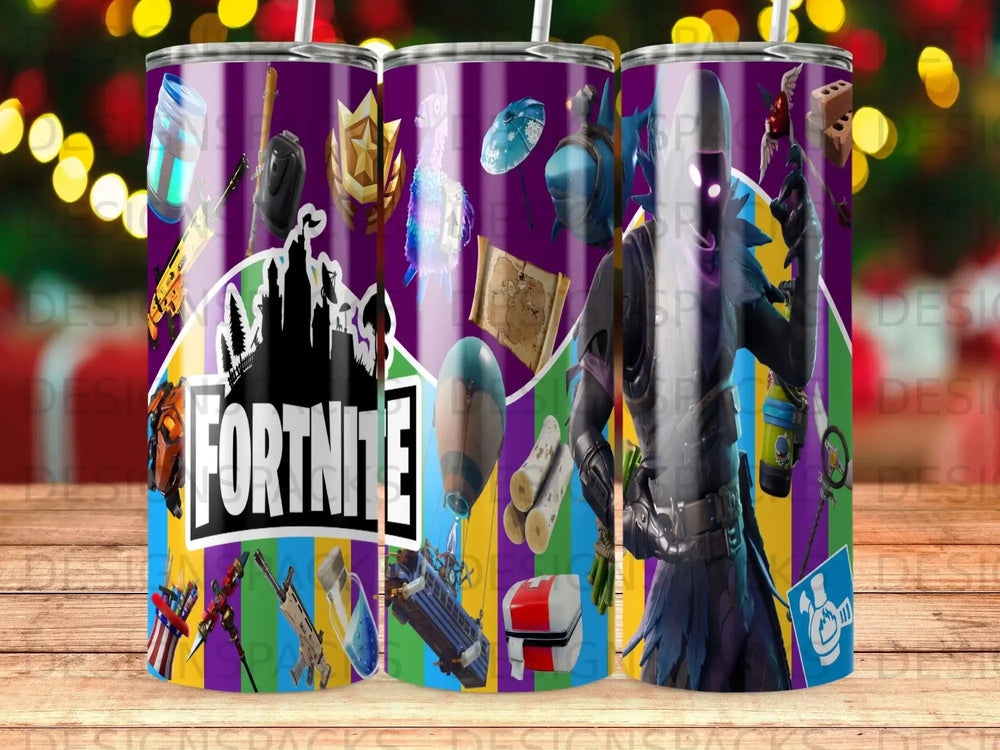 Fortnite wrap design featuring iconic game characters, weapons, and map elements.