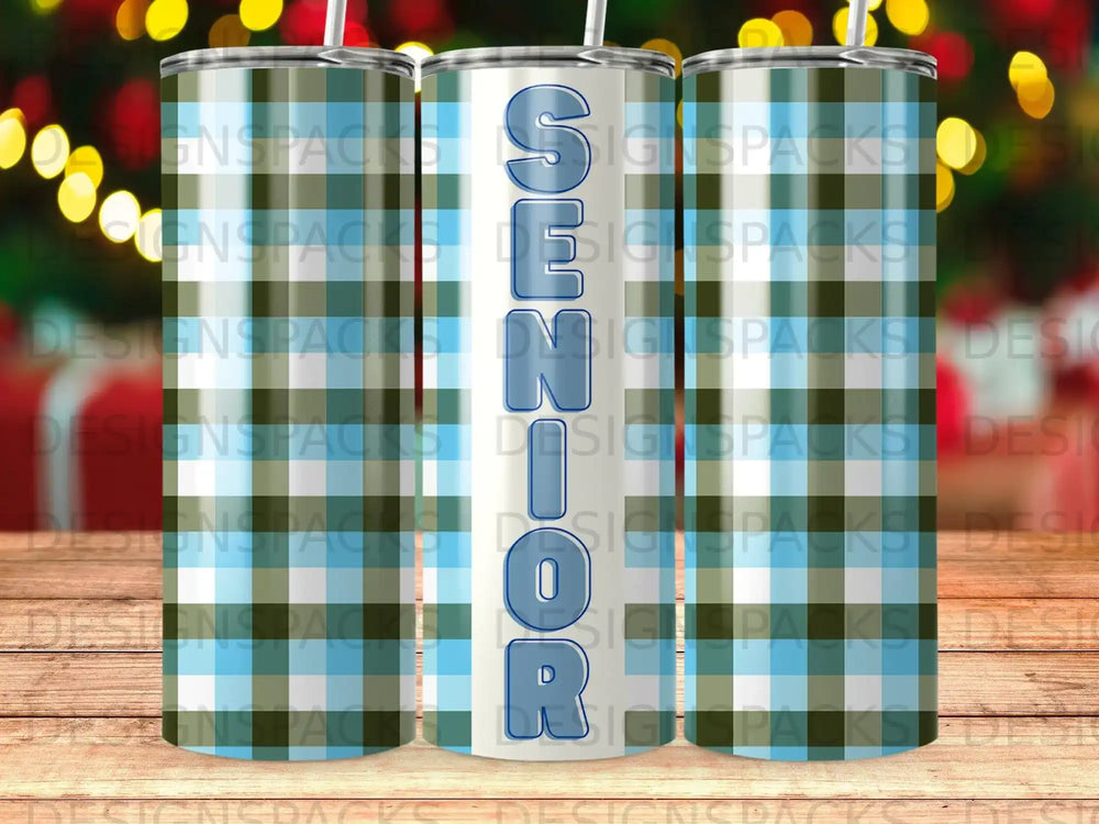 Blue Green White Plaid Design Senior Vertical Lettering Tumbler product type