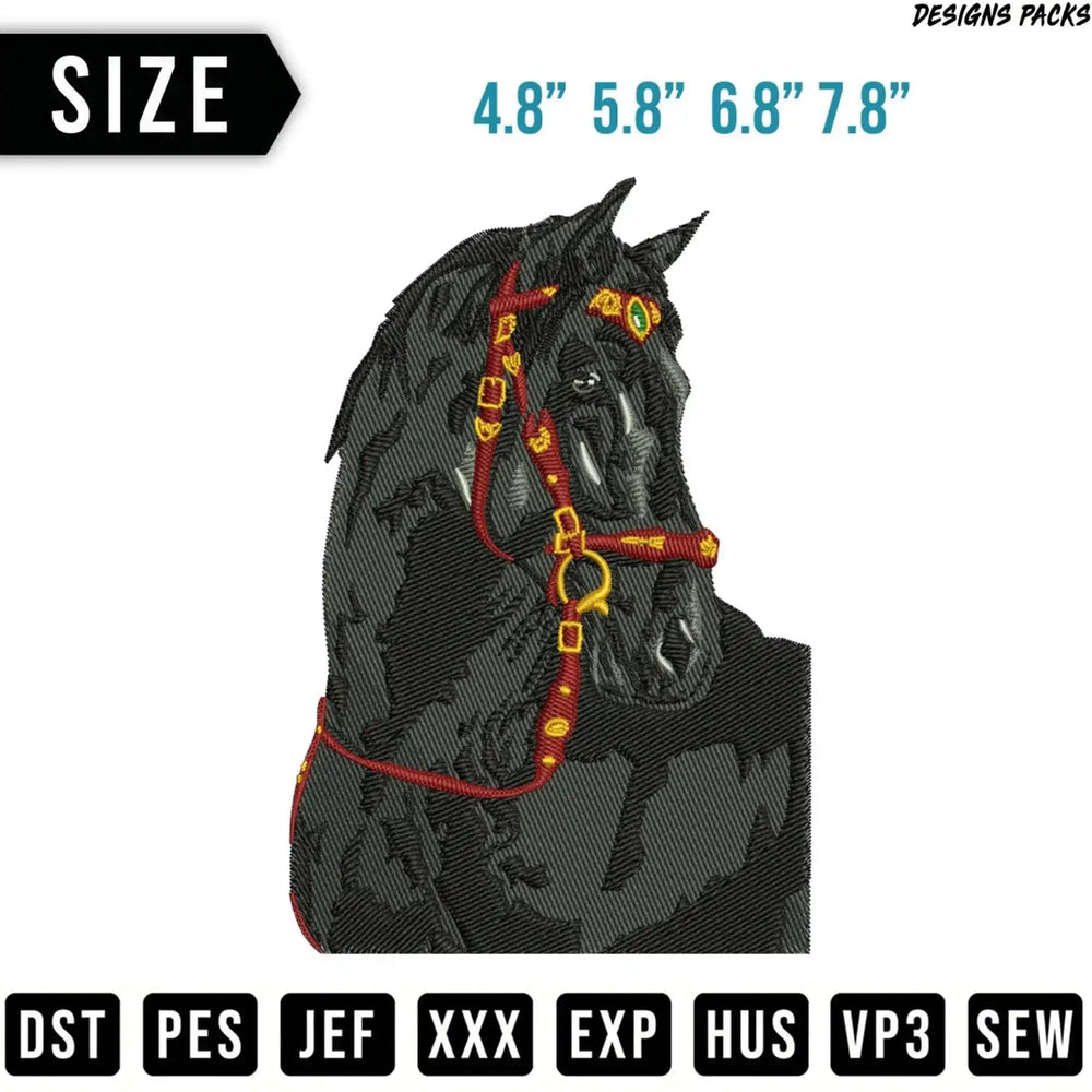 Black horse head embroidery design with size and format options.