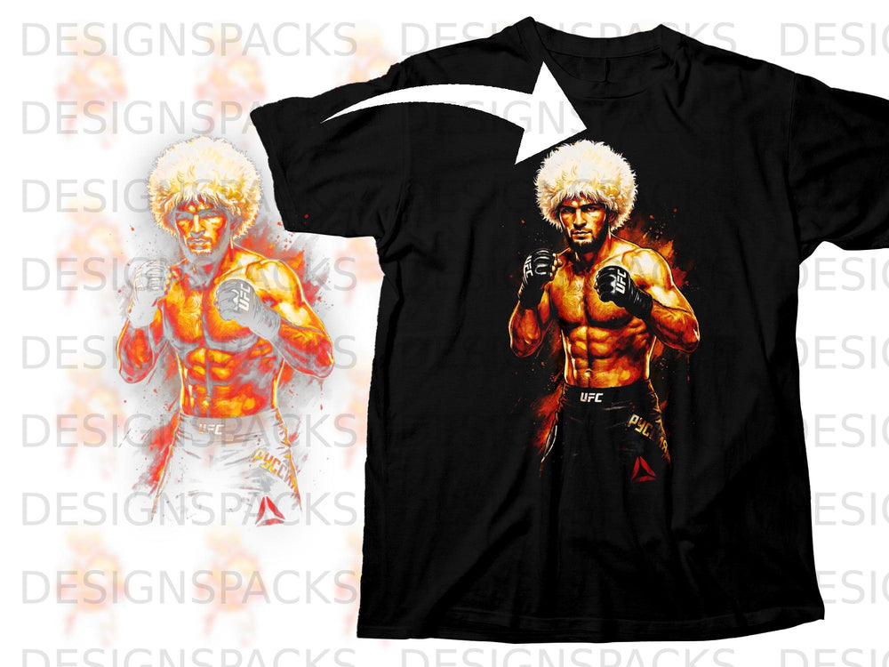 Black t-shirt with graphic of muscular fighter in fighting stance, UFC logos visible.