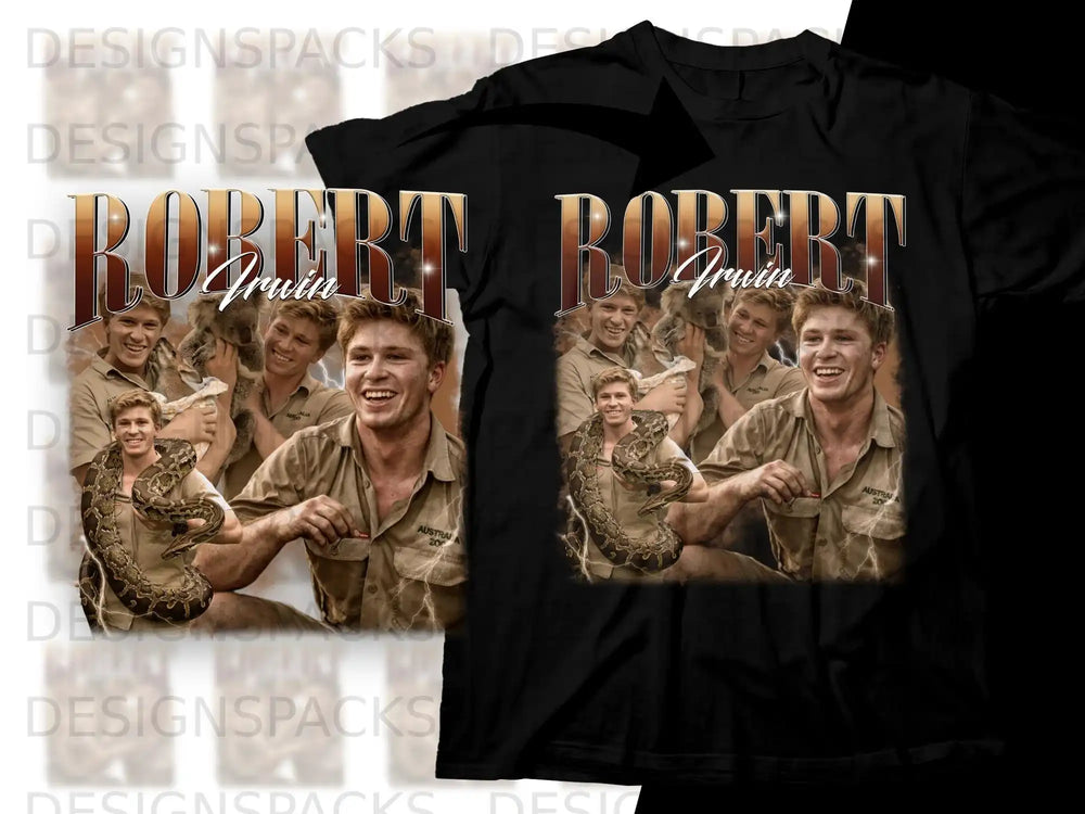 T-shirt featuring Robert Irwin with a snake and koalas, "Robert Irwin" text.