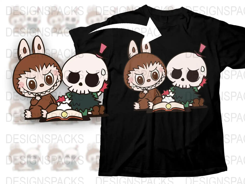Cute Animal Cartoon T-Shirt, Unisex Black Tee with Rabbit and Bear Design, Casual Graphic Shirt for All Ages