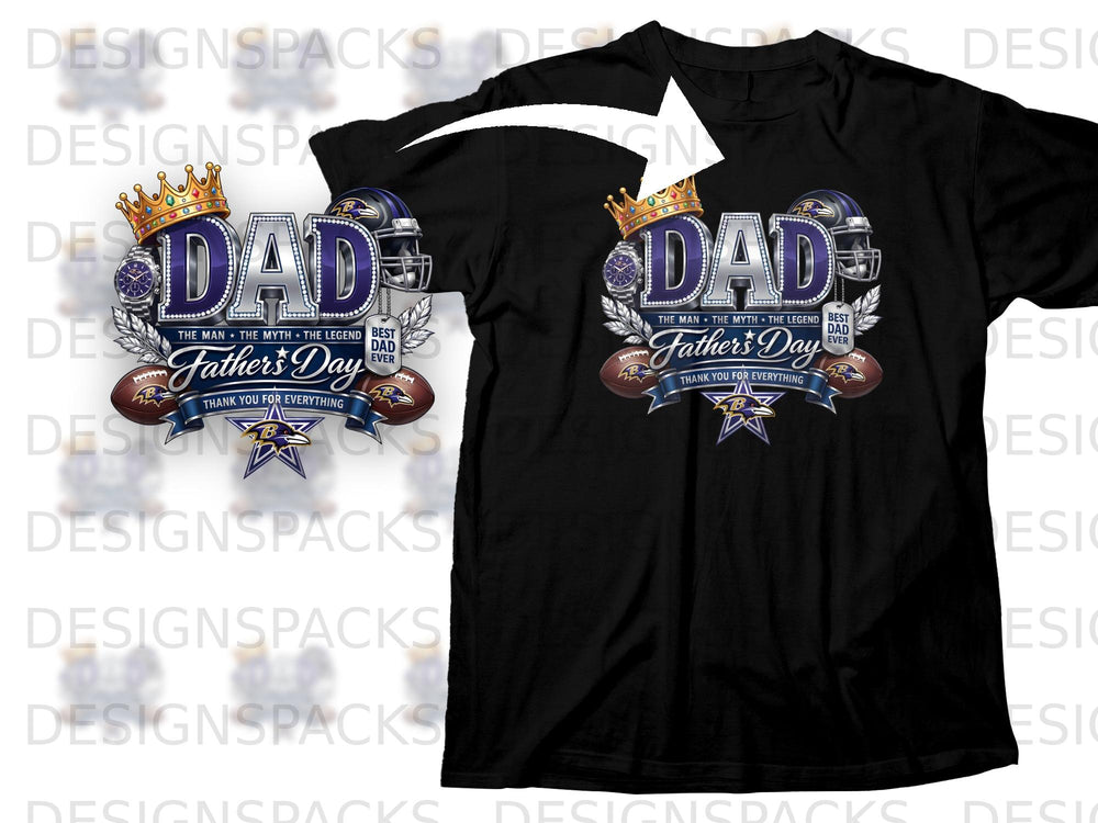 Black t-shirt graphic with "DAD" text, football helmets, crowns, and Father's Day theme.