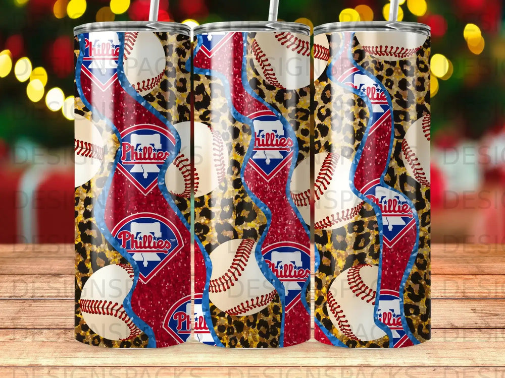 Philadelphia Phillies baseball tumbler with leopard print and red wavy stripes.