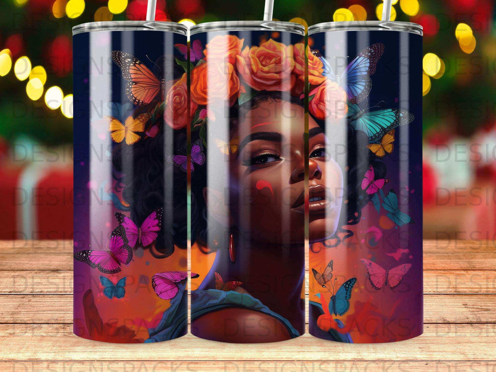 Woman with flowers and butterflies in hair on a patterned tumbler.
