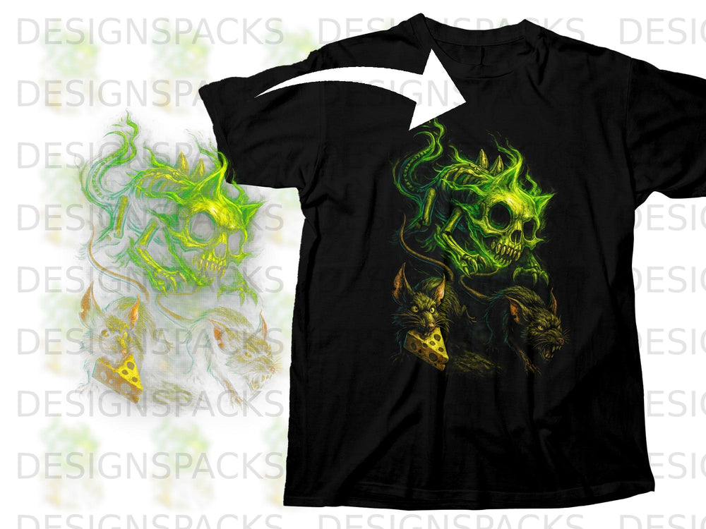 Black t-shirt with glowing green skull and rats holding cheese design.
